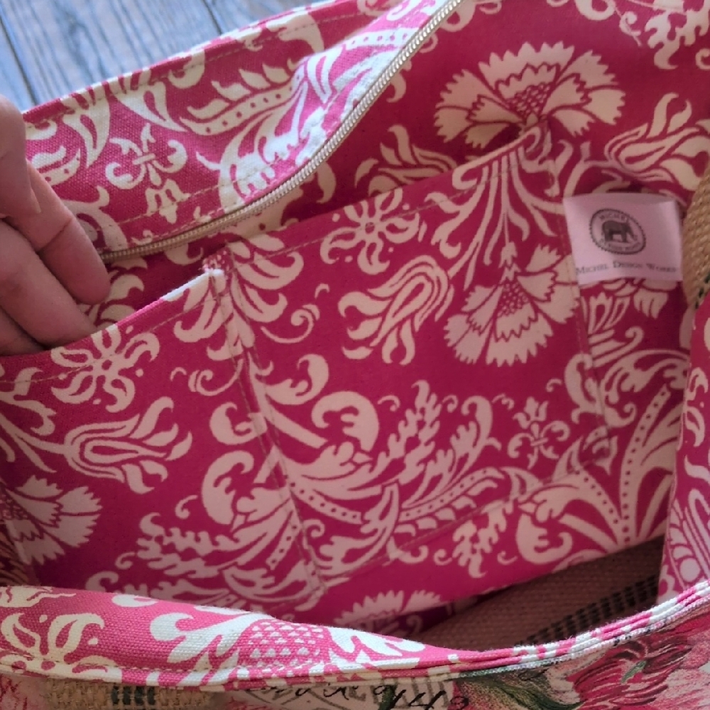 MICHEL DESIGN WORKS I Fabric Floral Butterfly Canvas Tote Bag w/ Burlap Handles - Picture 11 of 14